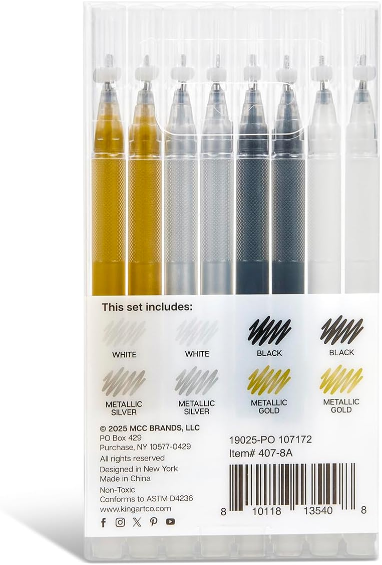 KINGART Studio gel pens 8 count, back of pack with color list