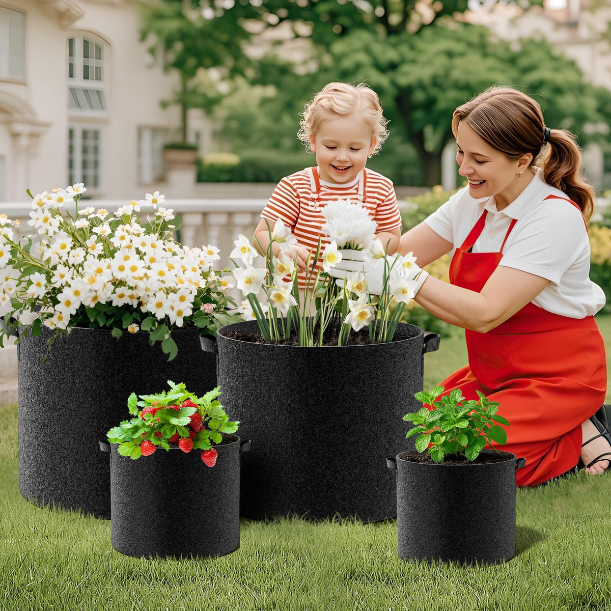 Land Guard 4-Pack Fabric Grow Bags 15 Gallon, Thick Nonwoven Garden Pots with Handles, Black