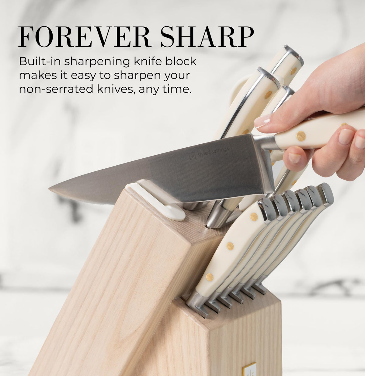 Styled Settings Knife Set with Block and Built-In Sharpener, 14-Piece, Silver, White and Copper