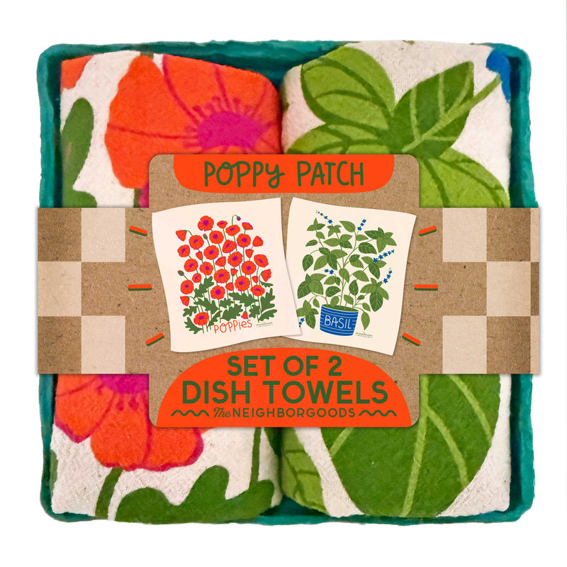 Poppy Patch set of 2 dish towels with colorful botanical floral and vegetable garden design red poppy flowers tomatoes and green leaves kitchen towel gift set