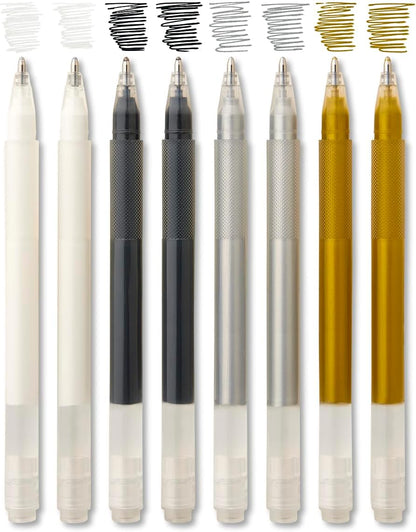 KINGART Studio gel pens, black, white, gold and silver, 8 count