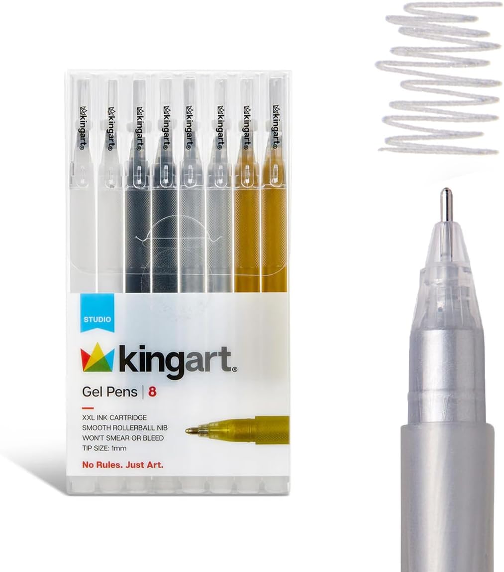 KINGART Studio gel pens, black, white, gold and silver, 8 count