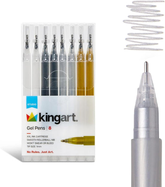 KINGART Studio gel pens, black, white, gold and silver, 8 count