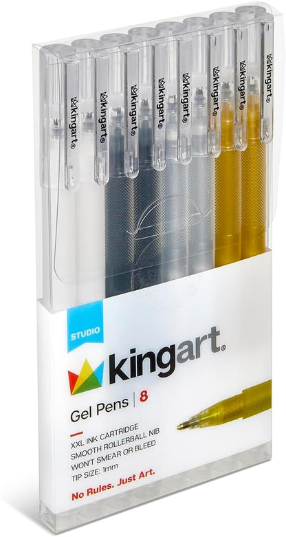 KINGART Studio gel pens, black, white, gold and silver, 8 count