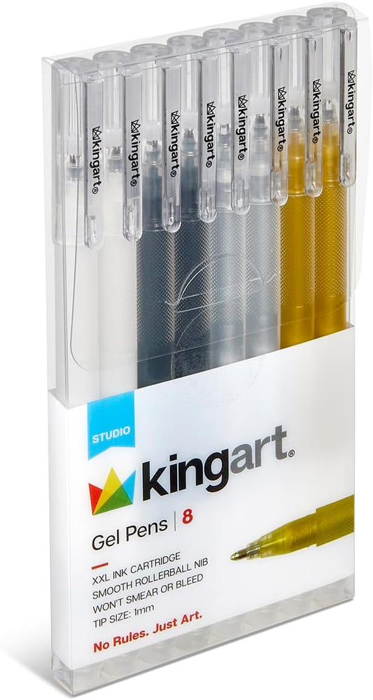 KINGART Studio gel pens, black, white, gold and silver, 8 count