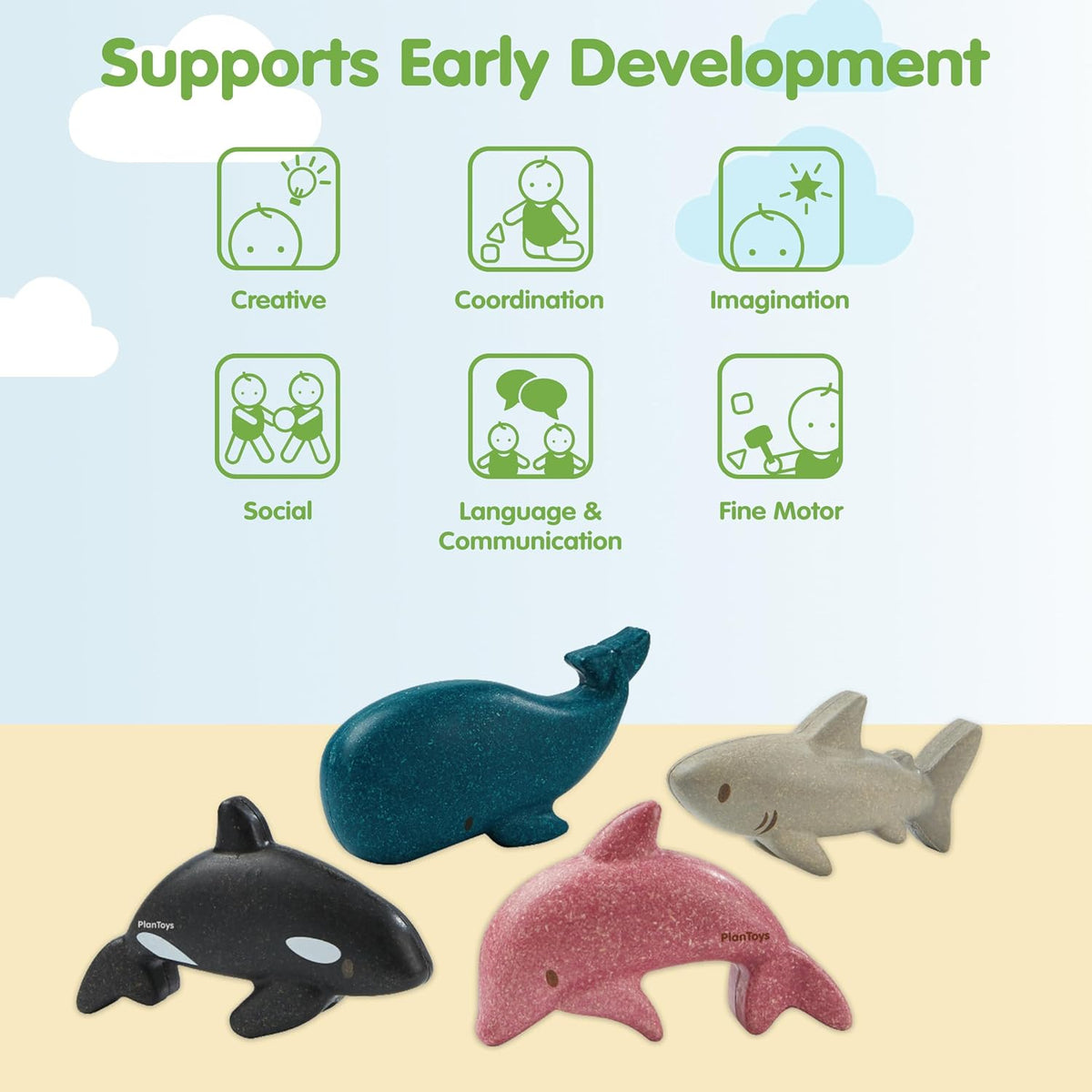 PlanToys® Wooden Sea Life 4-Piece Set, Dolphin, Orca, Whale & Shark Kids