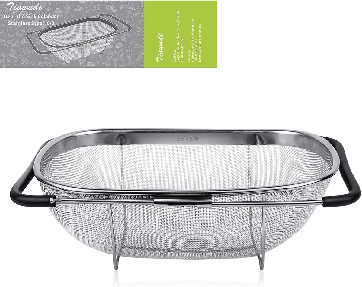 6-Quart Large Over The Sink Colander | Stainless Steel Fine Mesh Strainer