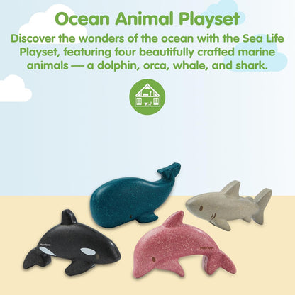 PlanToys® Wooden Sea Life 4-Piece Set, Dolphin, Orca, Whale & Shark Kids