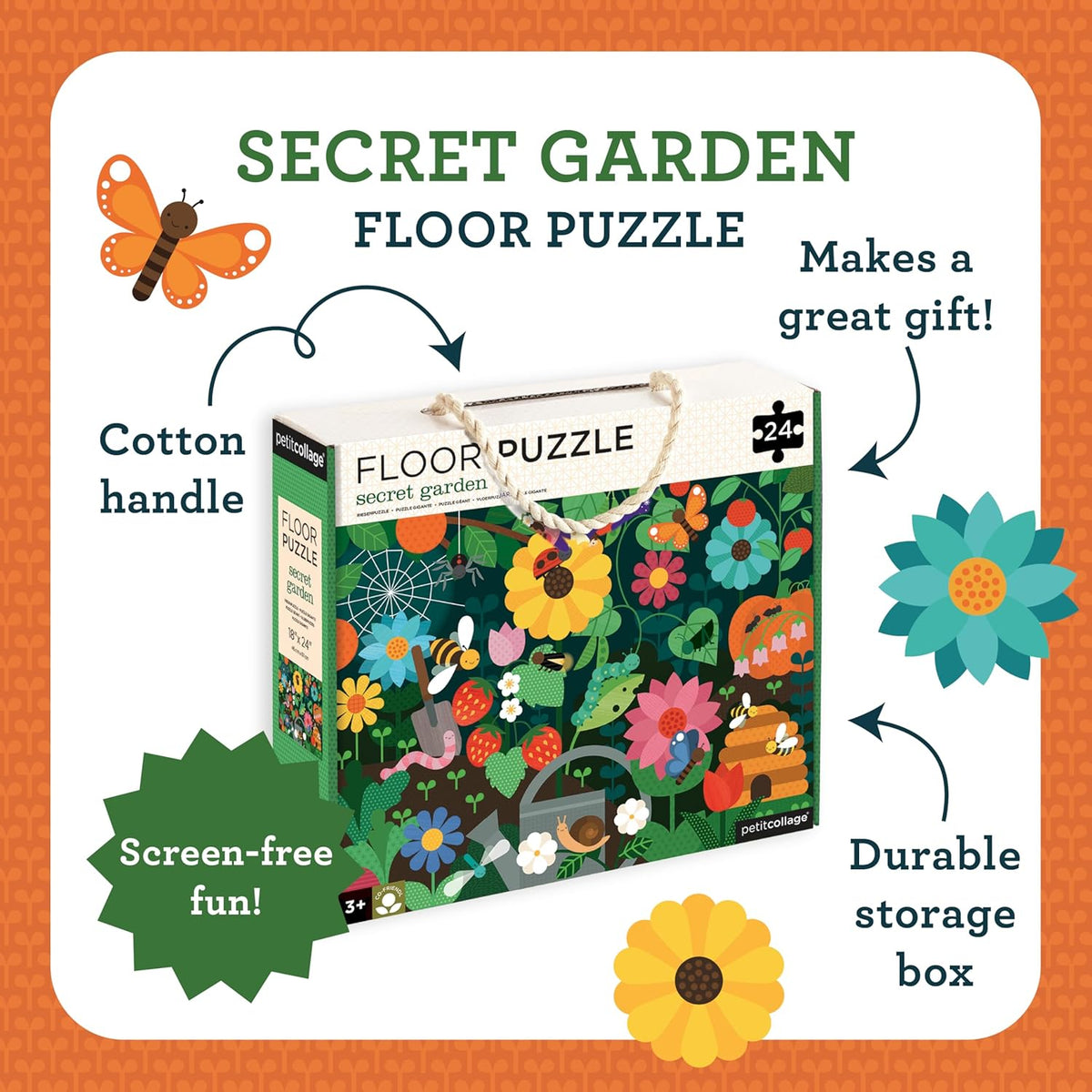 Petit Collage Floor Puzzle, Secret Garden, 24-Pieces – Large Puzzle for Kids, Completed Garden Puzzle Measures 18” x 24” – Makes a Great Gift Idea for Ages 3+