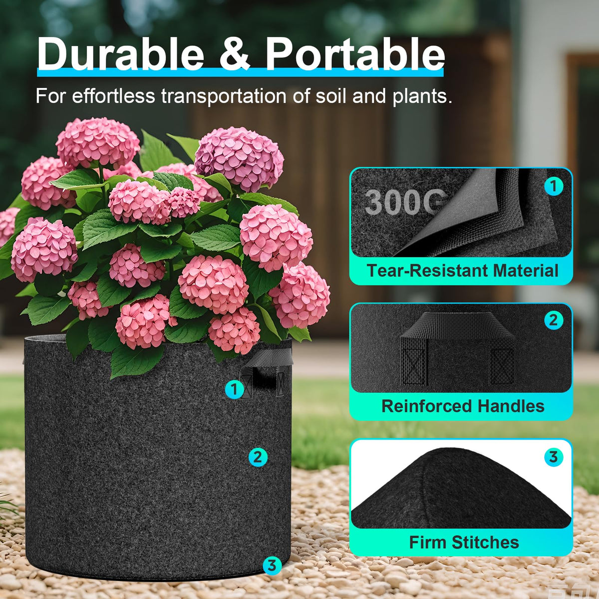 Land Guard 4-Pack Fabric Grow Bags 20 Gallon, Thickened Nonwoven Garden Pots, Growing Bags with Handles, Black