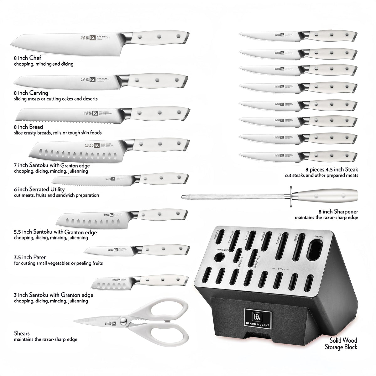Klaus Meyer Stahl 19-Piece German Steel Kitchen Knife Block Set (Black) | Premium Knife Set, Long-Lasting Sharpness, Versatile Knife Choices, Space-Saving Block, Ideal For Food Prep & Large Gathering