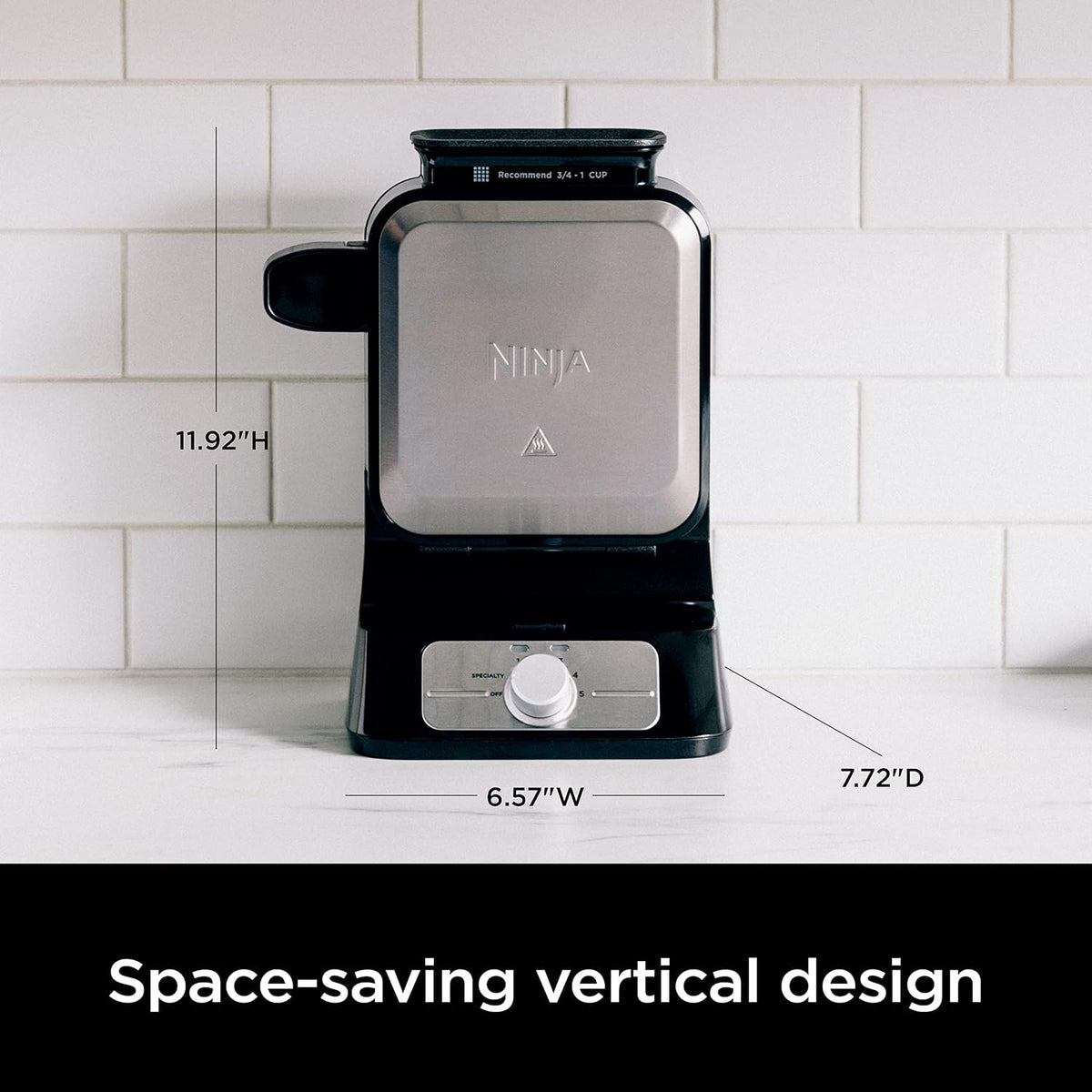 Ninja vertical waffle maker stored upright on a counter