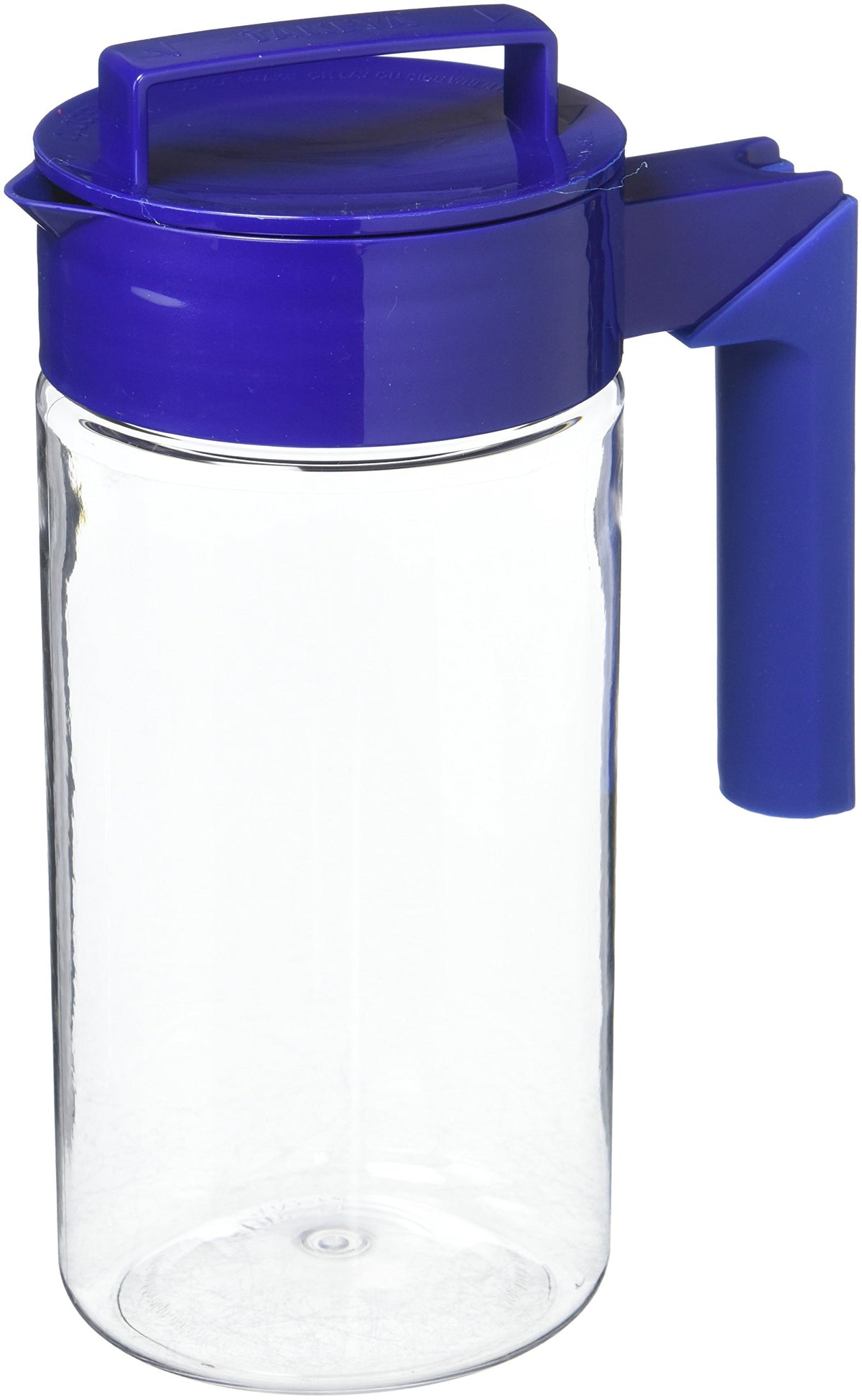 Clear plastic container with blue lid and handle on a white background