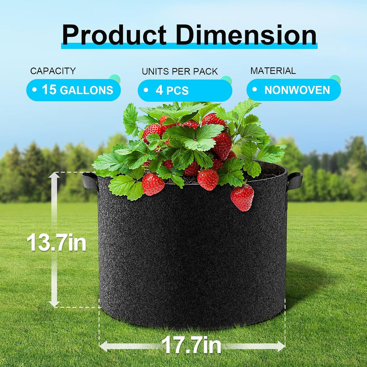 Land Guard 15 gallon grow bag dimensions, 17.7 by 13.7 inches