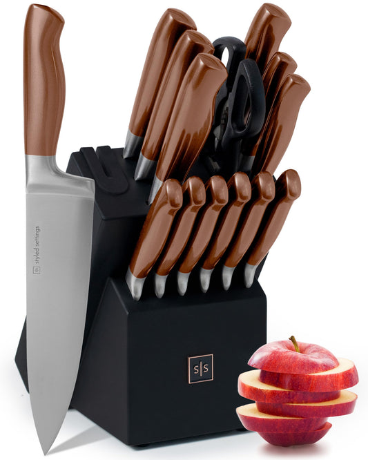 Styled Settings Knife Set with Block and Built-In Sharpener, 14-Piece, Silver, White and Copper
