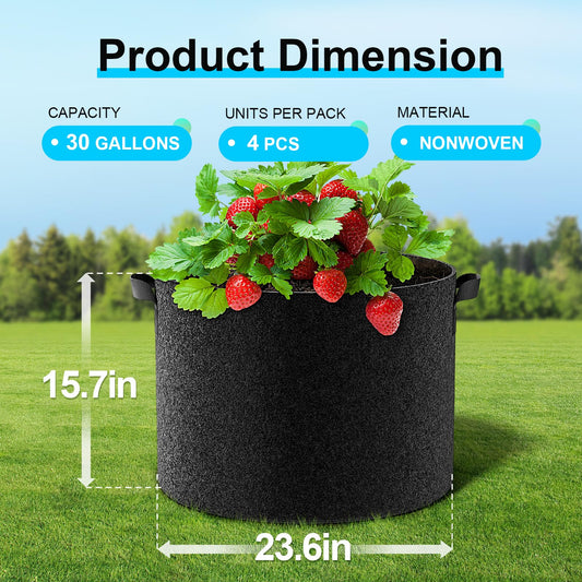 Land Guard 4-Pack Fabric Grow Bags 30 Gallon, Thick Nonwoven Garden Pots with Handles, Black