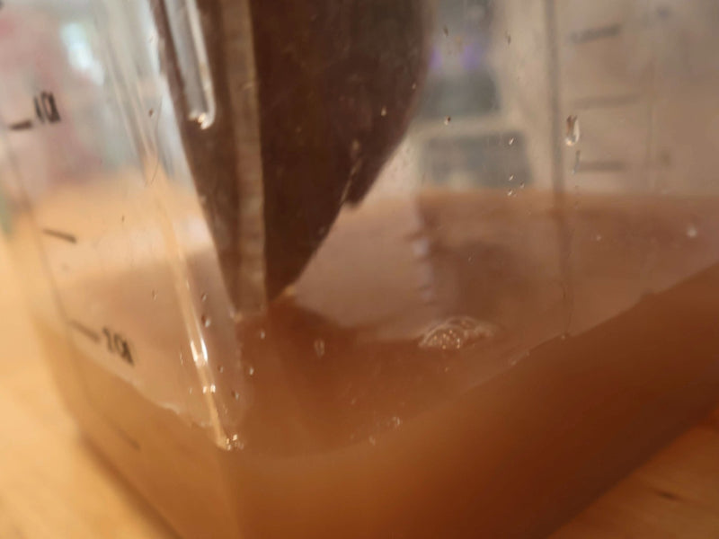 Amber homemade apple cider pouring into a clear container