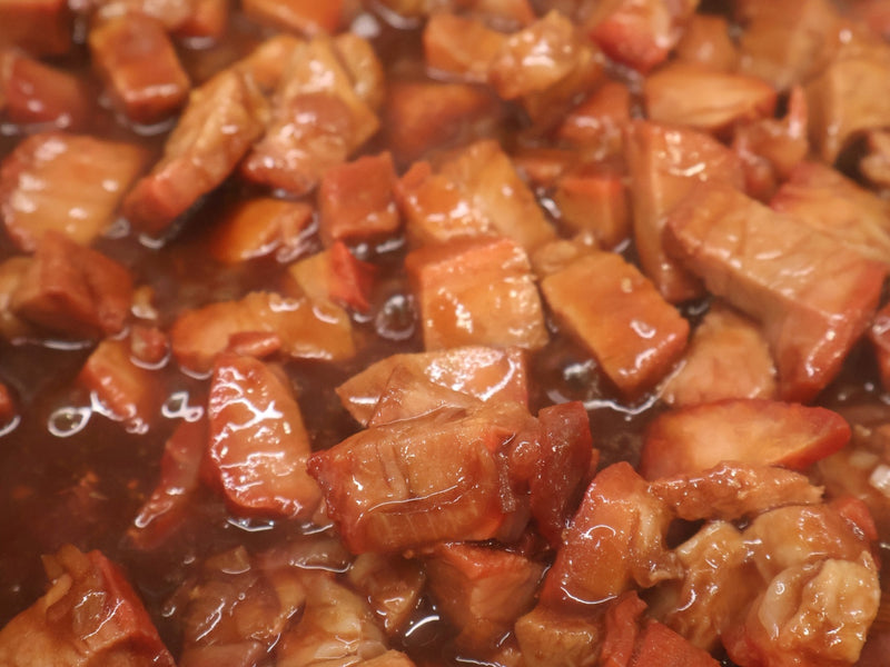 Char siu filling cooked down in a pan