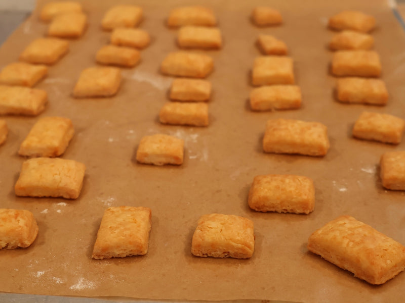 Finished homemade cheddar cheese crackers with crisp golden edges