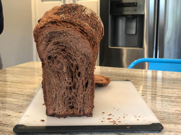 Cut open to show the swirled crumb