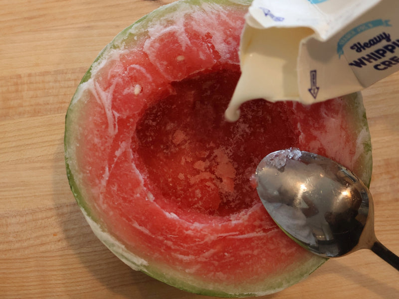 Frozen fruit chunks mashed into a creamy swirled dessert