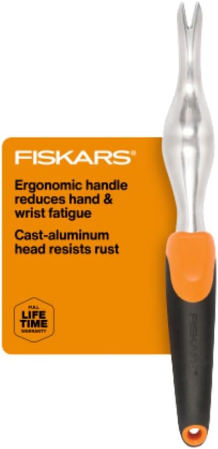 Fiskars cast-aluminum weeder with orange and black SoftGrip handle