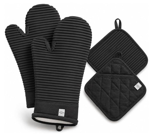 Extra Long Silicone Oven Mitts and Pot Holders Sets | Heat Resistant 500°F BPA-Free Food Grade Silicone Hot Pads & Kitchen Mittens | 4-Piece Set of Oven Gloves & Potholders for Kitchens.
