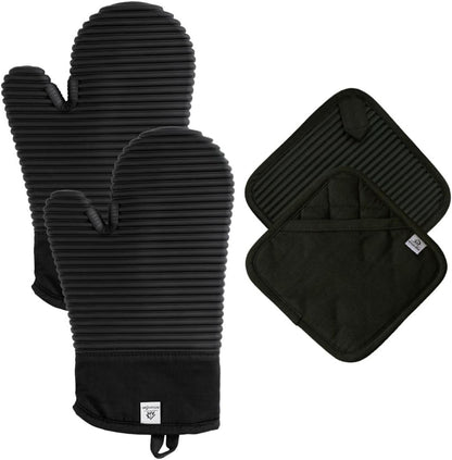 Extra Long Silicone Oven Mitts and Pot Holders Sets | Heat Resistant 500°F BPA-Free Food Grade Silicone Hot Pads & Kitchen Mittens | 4-Piece Set of Oven Gloves & Potholders for Kitchens.