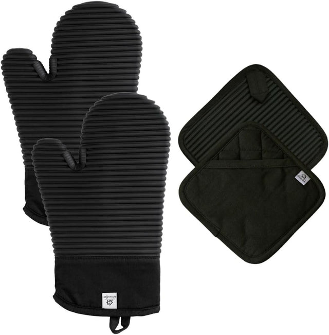Extra Long Silicone Oven Mitts and Pot Holders Sets | Heat Resistant 500°F BPA-Free Food Grade Silicone Hot Pads & Kitchen Mittens | 4-Piece Set of Oven Gloves & Potholders for Kitchens.